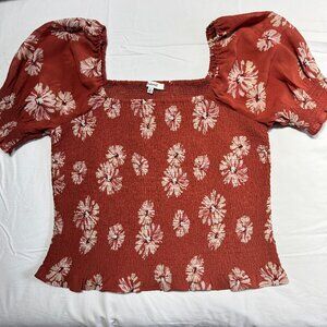 Madewell Top Cottage Floral Puff Sleeve Smocked Blouse Rust Size Medium